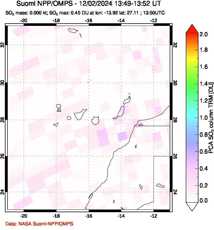 A sulfur dioxide image over Canary Islands on Dec 02, 2024.