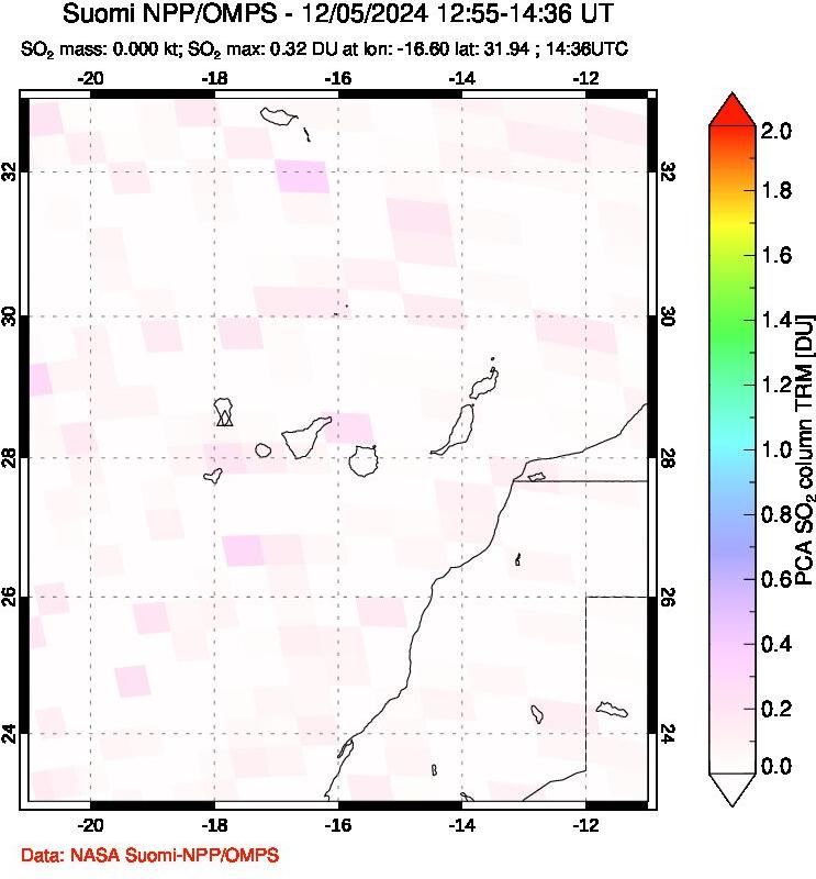 A sulfur dioxide image over Canary Islands on Dec 05, 2024.