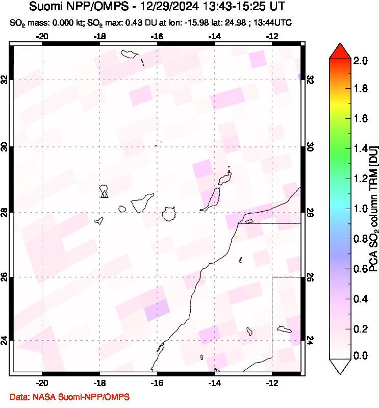 A sulfur dioxide image over Canary Islands on Dec 29, 2024.