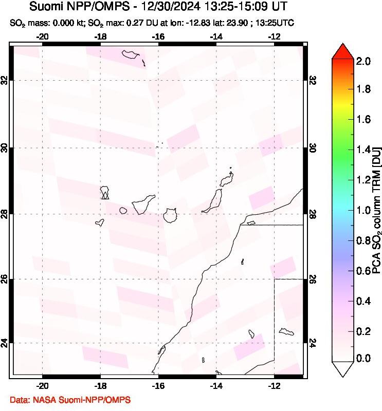 A sulfur dioxide image over Canary Islands on Dec 30, 2024.