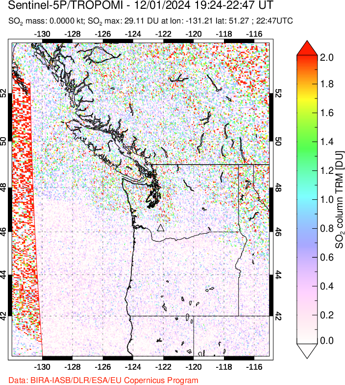 A sulfur dioxide image over Cascade Range, USA on Dec 01, 2024.