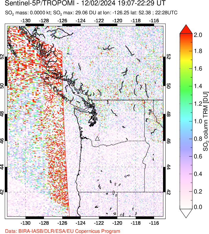 A sulfur dioxide image over Cascade Range, USA on Dec 02, 2024.