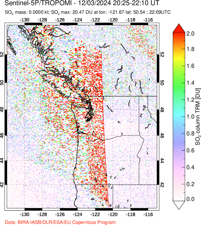 A sulfur dioxide image over Cascade Range, USA on Dec 03, 2024.