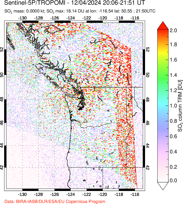 A sulfur dioxide image over Cascade Range, USA on Dec 04, 2024.