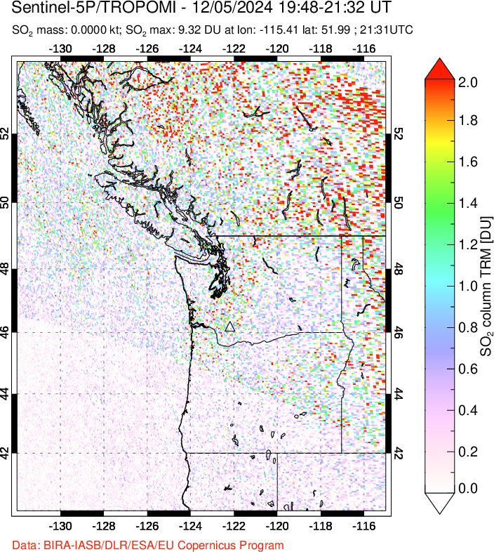 A sulfur dioxide image over Cascade Range, USA on Dec 05, 2024.