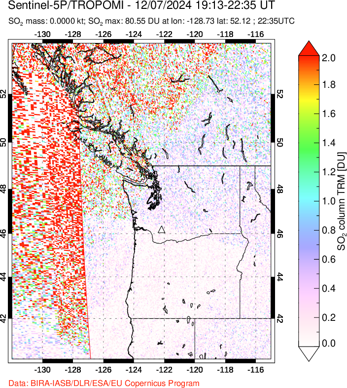 A sulfur dioxide image over Cascade Range, USA on Dec 07, 2024.