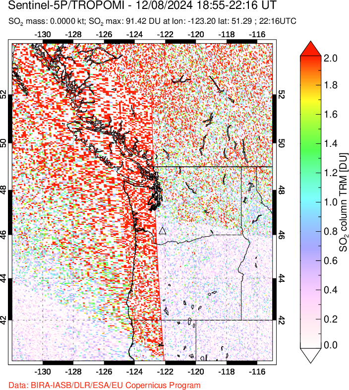 A sulfur dioxide image over Cascade Range, USA on Dec 08, 2024.