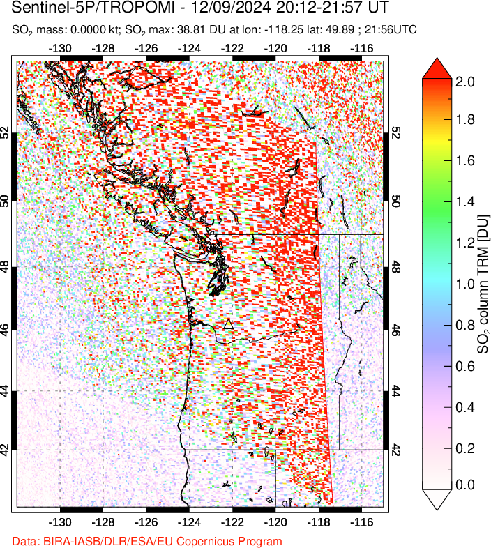 A sulfur dioxide image over Cascade Range, USA on Dec 09, 2024.