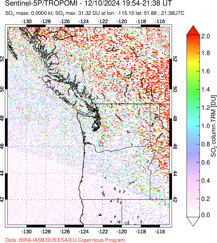 A sulfur dioxide image over Cascade Range, USA on Dec 10, 2024.