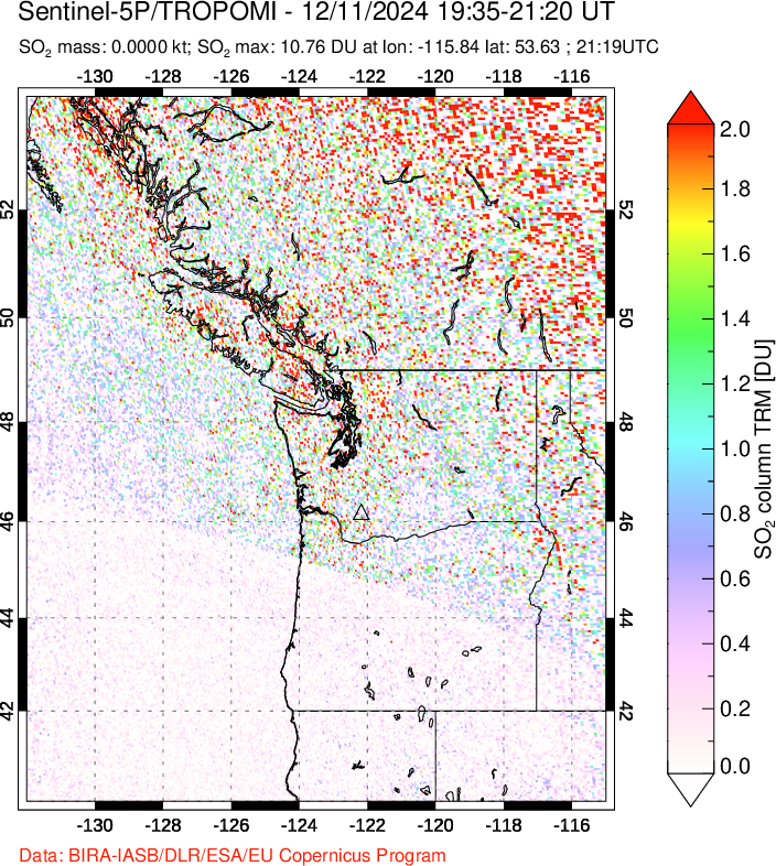 A sulfur dioxide image over Cascade Range, USA on Dec 11, 2024.