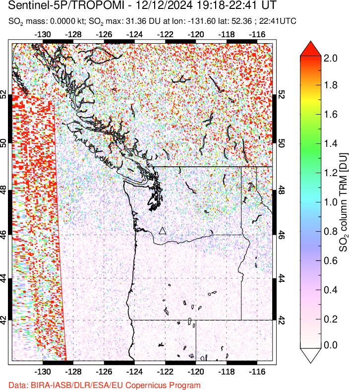 A sulfur dioxide image over Cascade Range, USA on Dec 12, 2024.