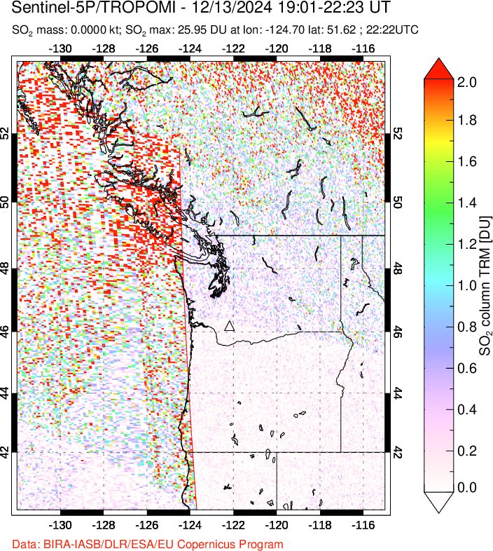 A sulfur dioxide image over Cascade Range, USA on Dec 13, 2024.