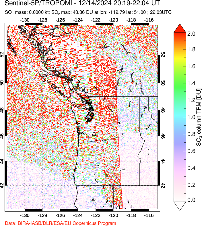 A sulfur dioxide image over Cascade Range, USA on Dec 14, 2024.