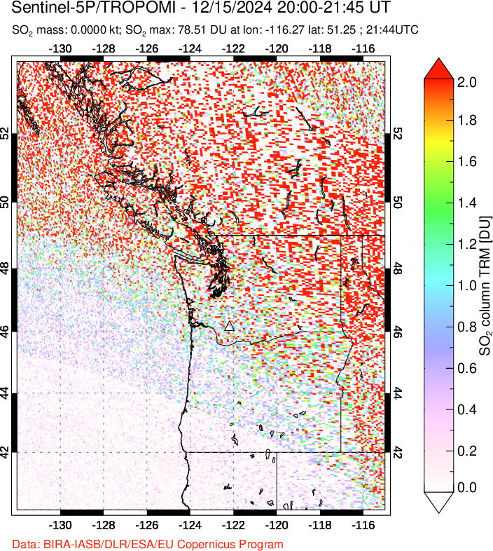 A sulfur dioxide image over Cascade Range, USA on Dec 15, 2024.