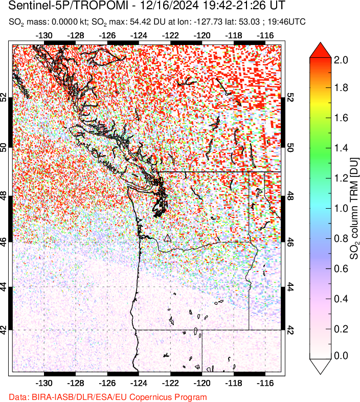 A sulfur dioxide image over Cascade Range, USA on Dec 16, 2024.