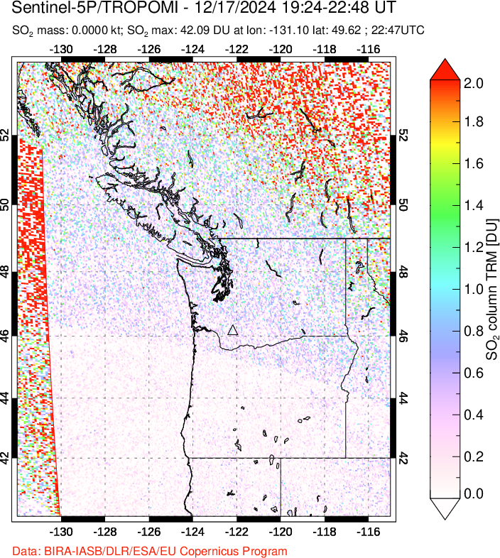 A sulfur dioxide image over Cascade Range, USA on Dec 17, 2024.