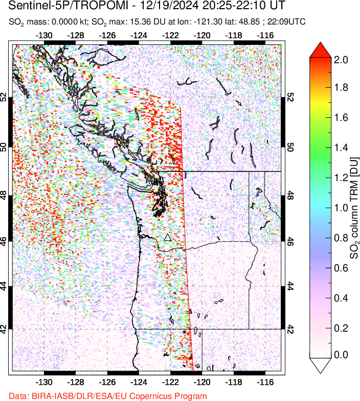 A sulfur dioxide image over Cascade Range, USA on Dec 19, 2024.