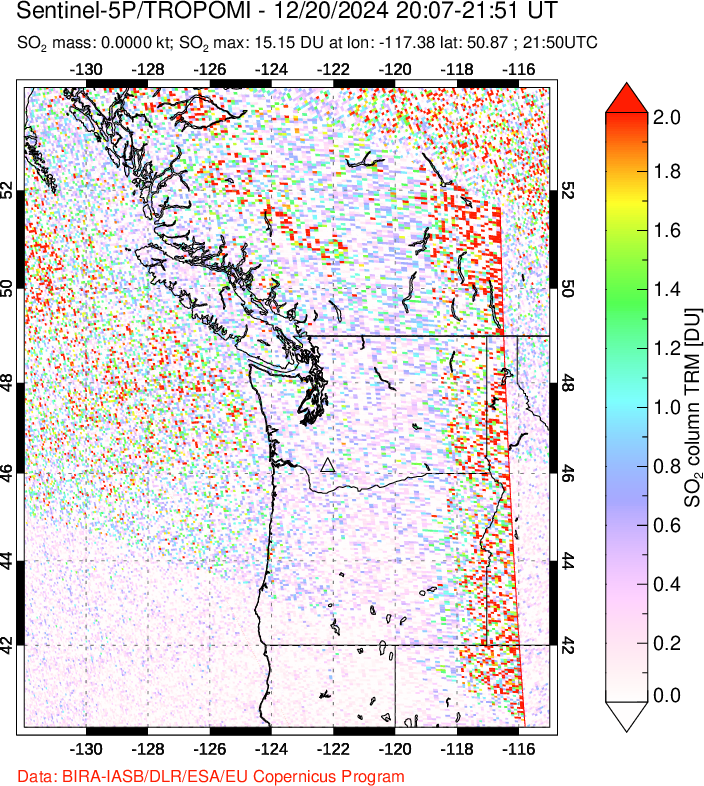 A sulfur dioxide image over Cascade Range, USA on Dec 20, 2024.