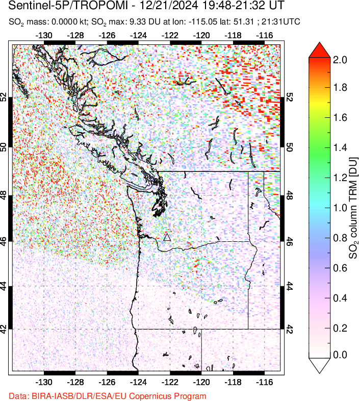 A sulfur dioxide image over Cascade Range, USA on Dec 21, 2024.