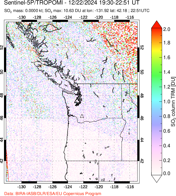 A sulfur dioxide image over Cascade Range, USA on Dec 22, 2024.