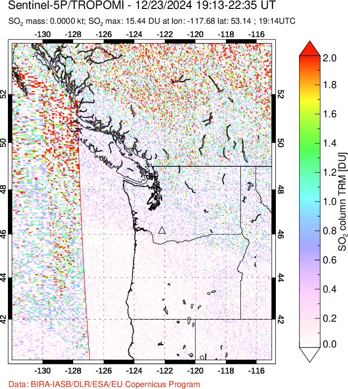 A sulfur dioxide image over Cascade Range, USA on Dec 23, 2024.