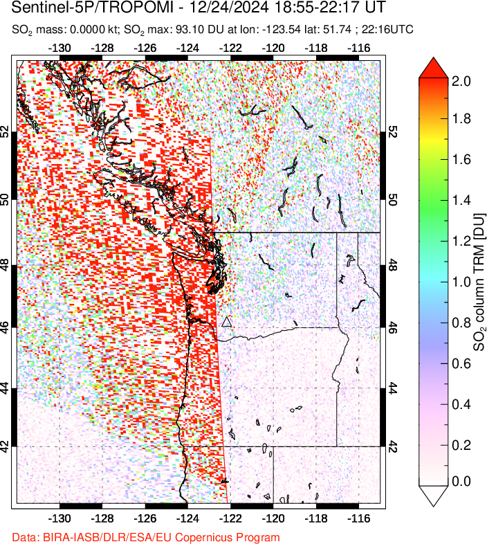 A sulfur dioxide image over Cascade Range, USA on Dec 24, 2024.