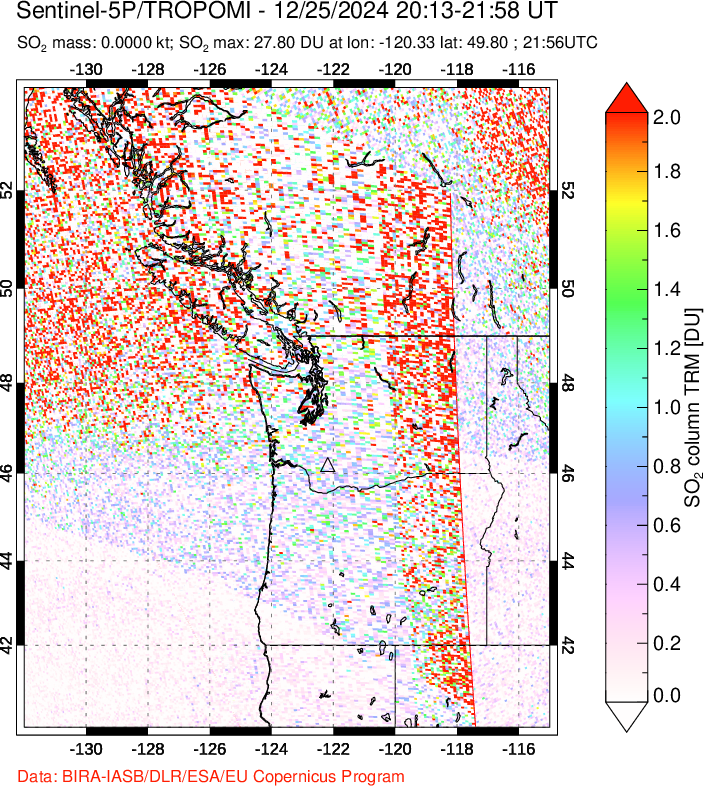 A sulfur dioxide image over Cascade Range, USA on Dec 25, 2024.