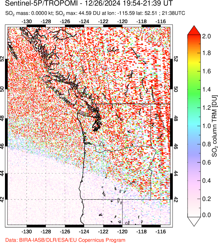 A sulfur dioxide image over Cascade Range, USA on Dec 26, 2024.