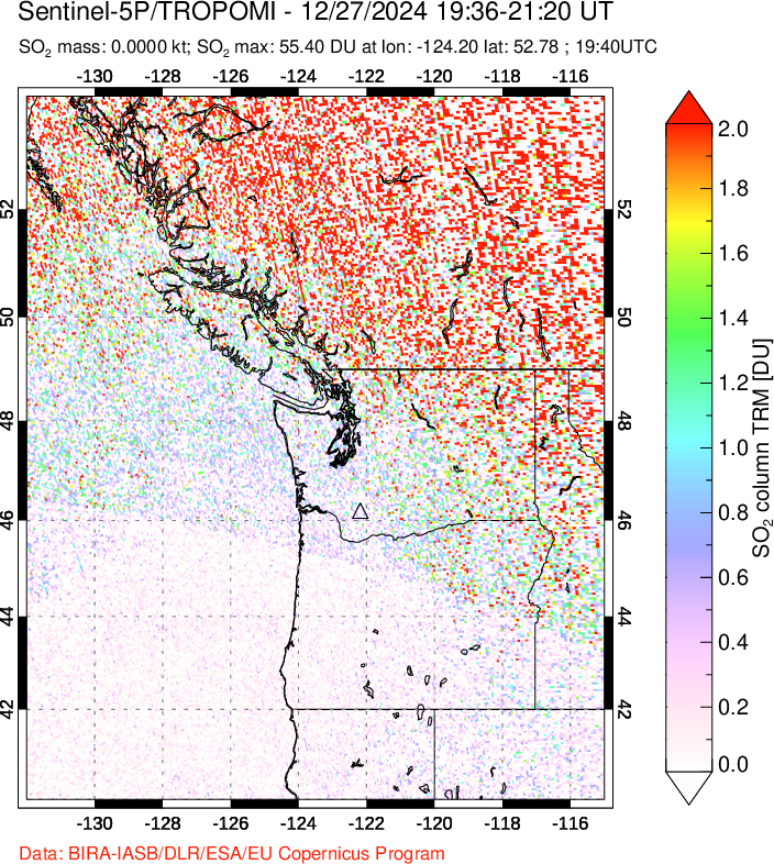 A sulfur dioxide image over Cascade Range, USA on Dec 27, 2024.