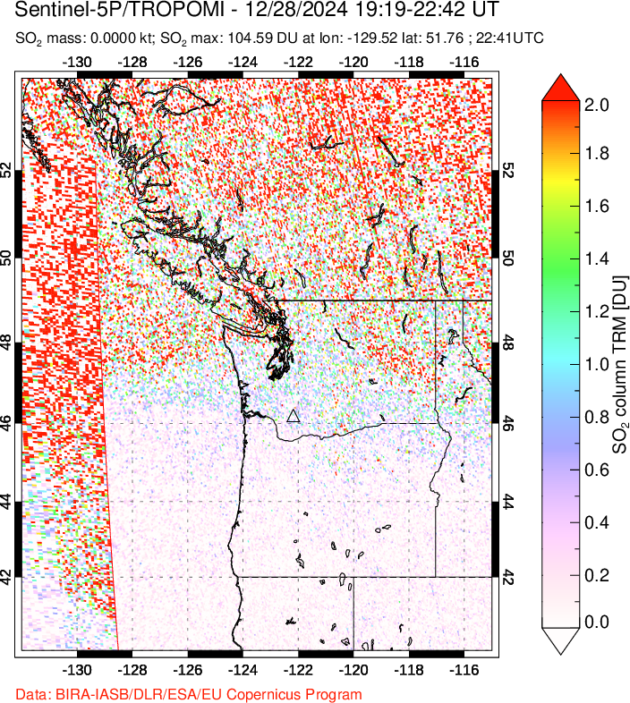 A sulfur dioxide image over Cascade Range, USA on Dec 28, 2024.