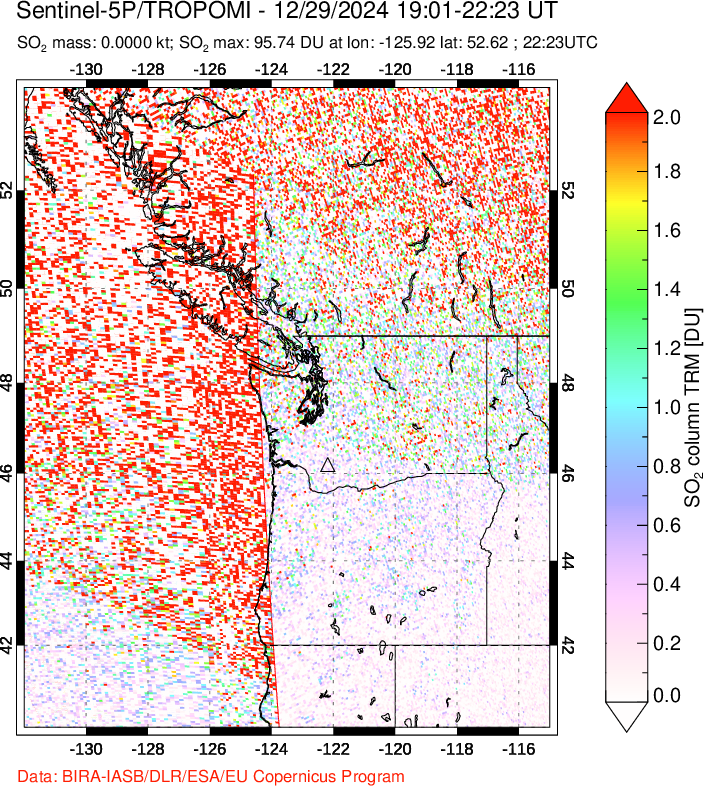 A sulfur dioxide image over Cascade Range, USA on Dec 29, 2024.