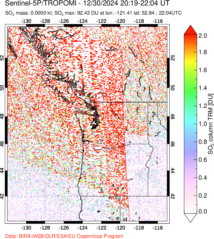 A sulfur dioxide image over Cascade Range, USA on Dec 30, 2024.