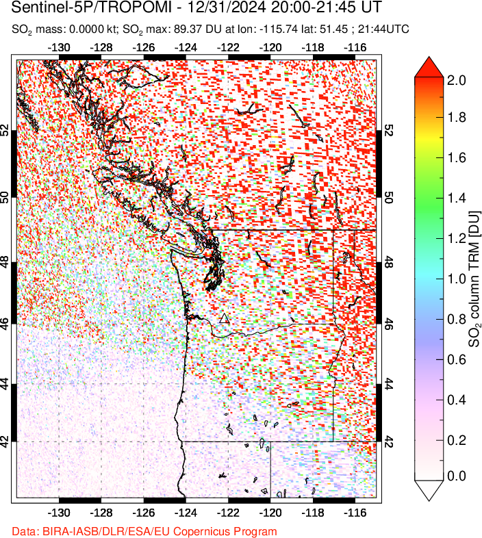 A sulfur dioxide image over Cascade Range, USA on Dec 31, 2024.