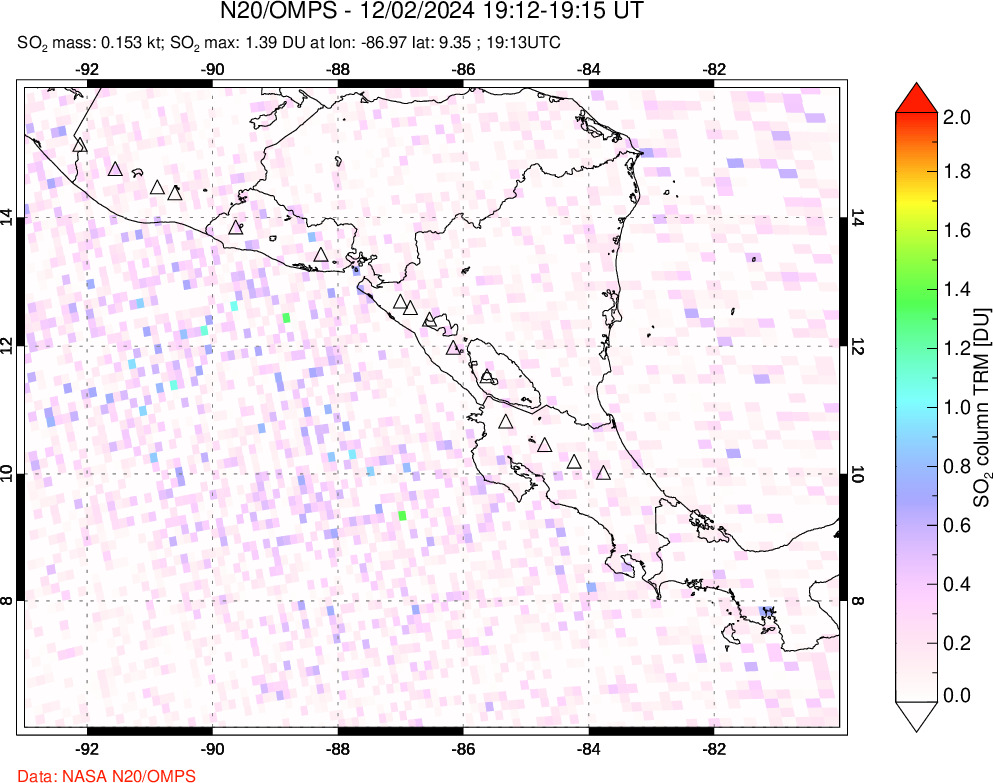 A sulfur dioxide image over Central America on Dec 02, 2024.