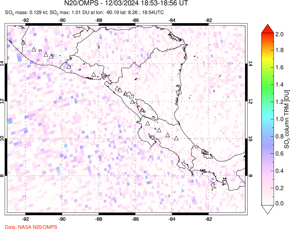 A sulfur dioxide image over Central America on Dec 03, 2024.