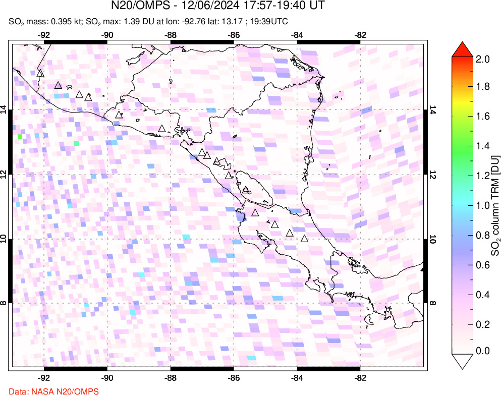 A sulfur dioxide image over Central America on Dec 06, 2024.