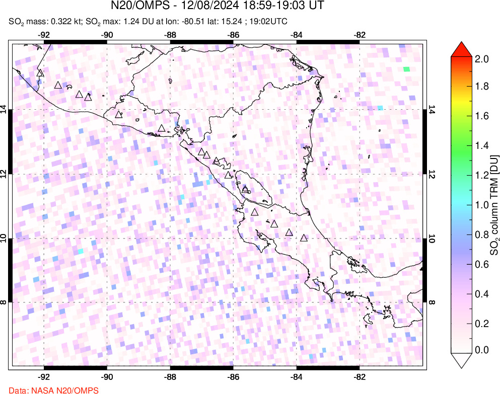 A sulfur dioxide image over Central America on Dec 08, 2024.