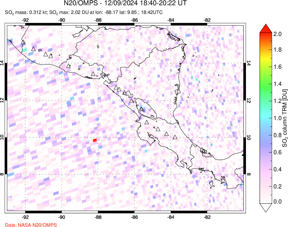 A sulfur dioxide image over Central America on Dec 09, 2024.