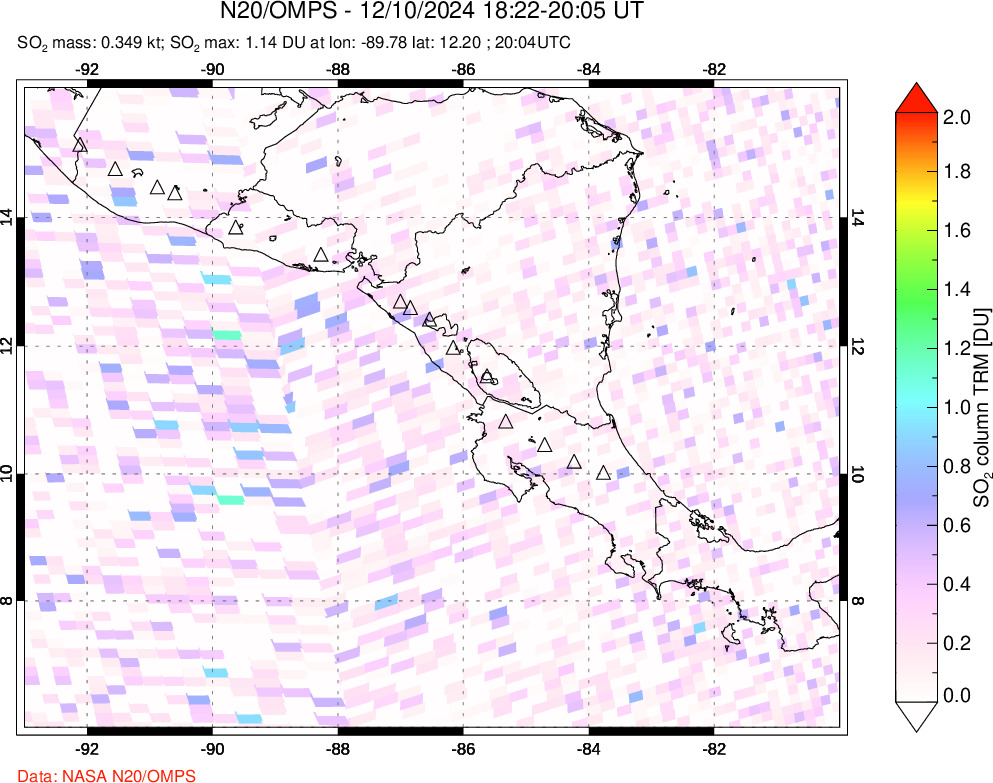 A sulfur dioxide image over Central America on Dec 10, 2024.