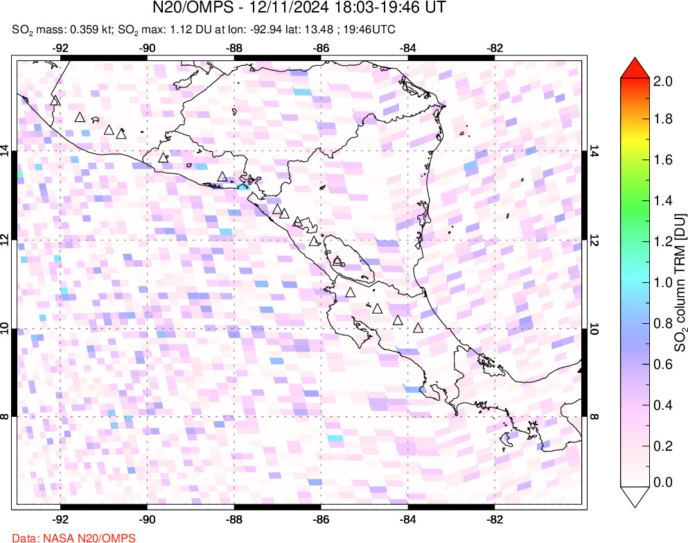 A sulfur dioxide image over Central America on Dec 11, 2024.