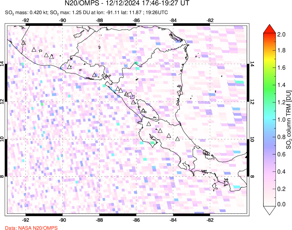 A sulfur dioxide image over Central America on Dec 12, 2024.