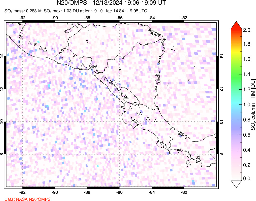 A sulfur dioxide image over Central America on Dec 13, 2024.