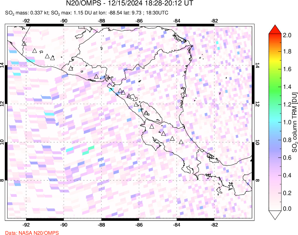 A sulfur dioxide image over Central America on Dec 15, 2024.