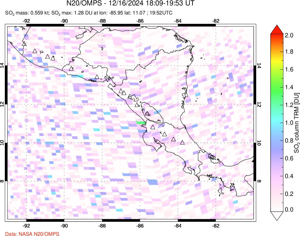 A sulfur dioxide image over Central America on Dec 16, 2024.