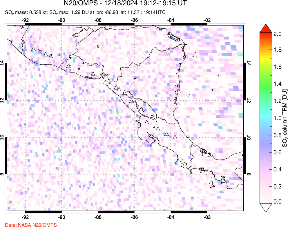 A sulfur dioxide image over Central America on Dec 18, 2024.