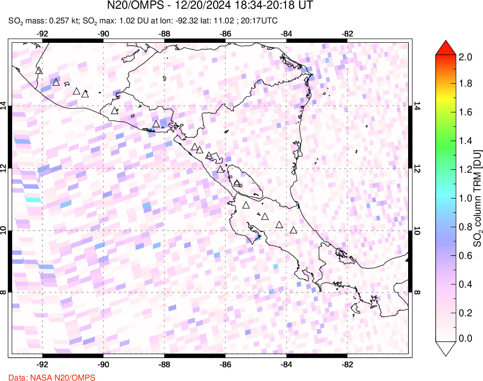 A sulfur dioxide image over Central America on Dec 20, 2024.