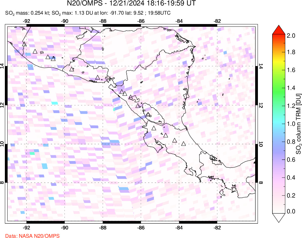 A sulfur dioxide image over Central America on Dec 21, 2024.