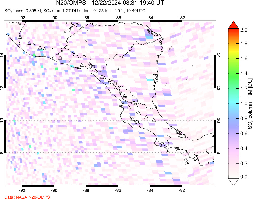 A sulfur dioxide image over Central America on Dec 22, 2024.