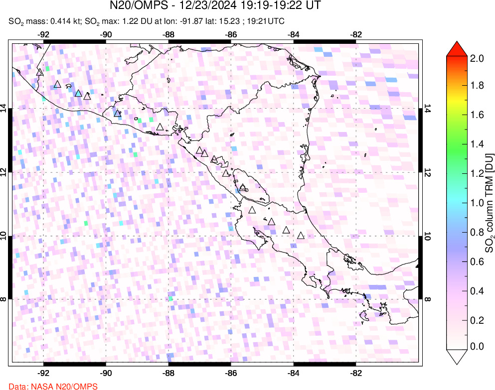 A sulfur dioxide image over Central America on Dec 23, 2024.