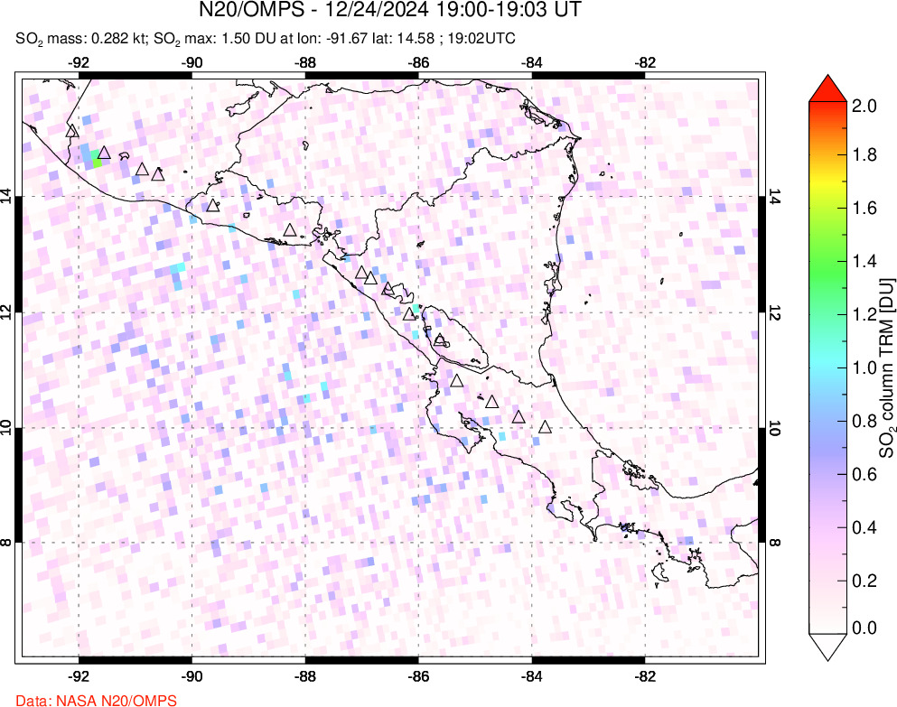 A sulfur dioxide image over Central America on Dec 24, 2024.